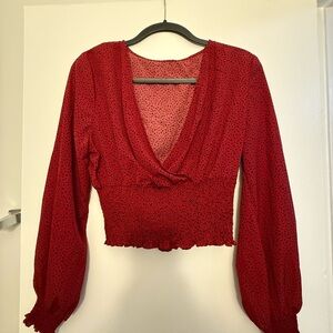 Red V-Neck Smocked Women's Top